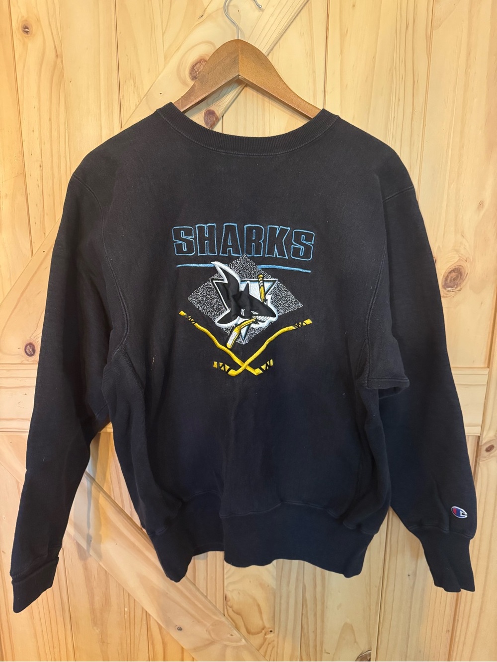 VINTAGE Champion Black Crewneck with Sharks Hockey Graphic